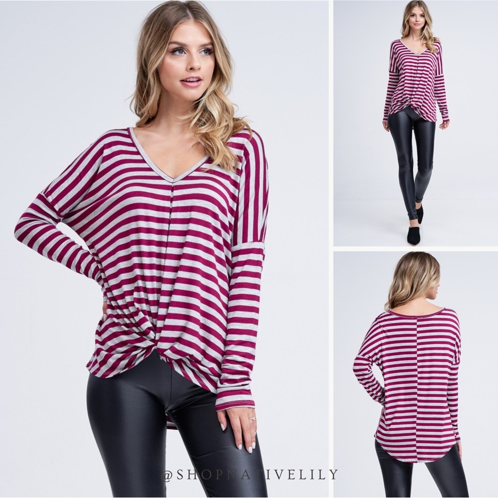 NWT White Birch Front Knotted Striped Long Sleeve Top, Burgundy/Gray - Picture 1 of 6